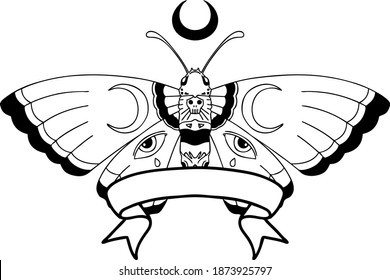 traditional black linework tattoo with banner of a moth