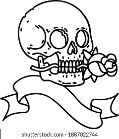 traditional black linework tattoo with banner of a skull and rose
