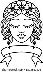 traditional black linework tattoo with banner of female face with eyes closed