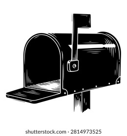 A traditional black mailbox mounted on a wooden post with a raised flag, isolated on a white background, symbolizing mail delivery and communication.