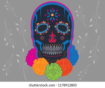 Traditional black ornamented skull from Mexico for dia de muertos celebration.