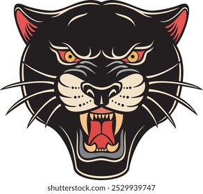 Cabeza de pantera negra tradicional. Diseño de tatuaje de la vieja escuela. Gato salvaje americano. Ilustración vectorial.