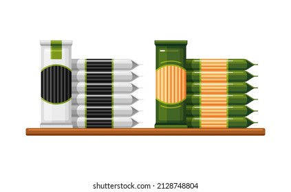 Traditional and black pasta in plastic packaging on store shelf or pantry. Vector colorful illustration isolated on white background