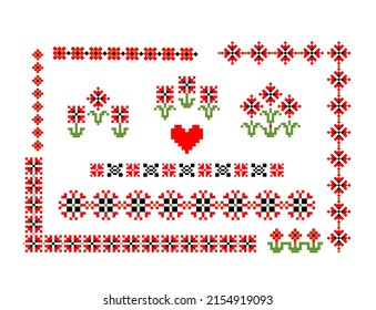 Traditional black and red slavic embroidery on white background with abstract poppies. Ukrainian national design for shirt, seamless borders, patterns, corners, signs and template