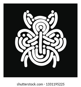 Traditional black and white abstract patterns are formed from a centralized flow of waves, multiple interpretations, reflecting beetles and human faces