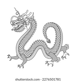Traditional black white chinese dragon. Zodiac sign. Sacred animal, a symbol of goodness and power. Asian, japanese mascot and tattoo or T-shirt vector illustration.
