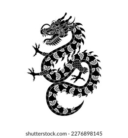 Traditional black white chinese dragon. Zodiac sign. Sacred animal, a symbol of goodness and power. Asian, japanese mascot and tattoo or T-shirt vector illustration.