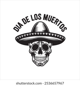 Traditional Black and White Dia de los Muertos Skull Illustration for Mexican Festival Designs, Day of the Dead Skull Icon with Sombrero for Mexican Culture Themes