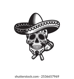 Traditional Black and White Dia de los Muertos Skull Illustration for Mexican Festival Designs, Day of the Dead Skull Icon with Sombrero for Mexican Culture Themes