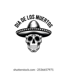 Traditional Black and White Dia de los Muertos Skull Illustration for Mexican Festival Designs, Day of the Dead Skull Icon with Sombrero for Mexican Culture Themes