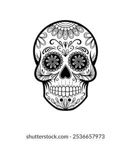 Traditional Black and White Dia de los Muertos Skull Illustration for Mexican Festival Designs, Day of the Dead Skull Icon with Sombrero for Mexican Culture Themes