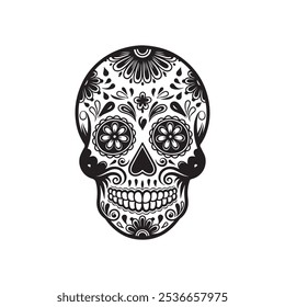 Traditional Black and White Dia de los Muertos Skull Illustration for Mexican Festival Designs, Day of the Dead Skull Icon with Sombrero for Mexican Culture Themes