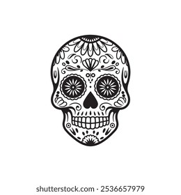 Traditional Black and White Dia de los Muertos Skull Illustration for Mexican Festival Designs, Day of the Dead Skull Icon with Sombrero for Mexican Culture Themes