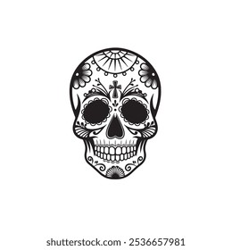 Traditional Black and White Dia de los Muertos Skull Illustration for Mexican Festival Designs, Day of the Dead Skull Icon with Sombrero for Mexican Culture Themes