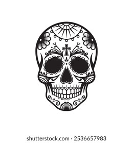 Traditional Black and White Dia de los Muertos Skull Illustration for Mexican Festival Designs, Day of the Dead Skull Icon with Sombrero for Mexican Culture Themes