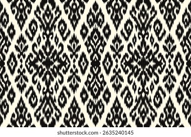 Traditional black and white ikat seamless pattern, ethnic textile design background with handwoven style. Boho tribal ornament for fabric, wallpaper, fashion, and surface decoration.