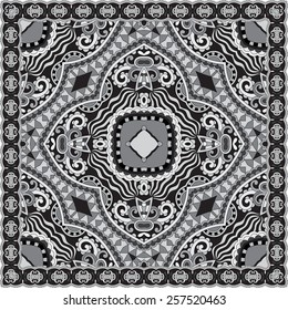 Traditional black and white ornamental floral paisley bandanna. Square ornament. You can use this pattern in the design of carpet, shawl, pillow, cushion