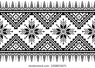Traditional black and white pixel art pattern with geometric patterns. This vector illustration is perfect for textile design, digital artwork and home decor.
