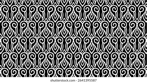 Traditional black and white vector motif with repetitive ethnic elements, suitable for decoration and wrapping.