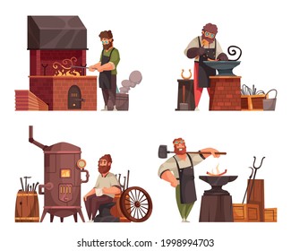 Traditional blacksmith workshop concept 4 cartoon compositions with forge anvil hammer chisel wrought iron objects vector illustration