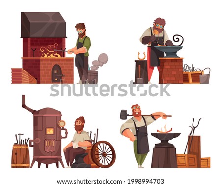 Traditional blacksmith workshop concept 4 cartoon compositions with forge anvil hammer chisel wrought iron objects vector illustration