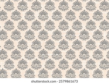 Traditional block print design. batik design pattern. ajrakh design. half white background grey pattern on used foer textile, wallpaper, card.