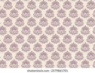Traditional block print design. batik design pattern. ajrakh design. half white background dark pink pattern on used foer textile, wallpaper, card.