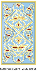 Patrón étnico tradicional azul con pergaminos florales amarillos y Formas de diamantes, inspirado en alfombras orientales históricas y artes decorativas textiles culturales.