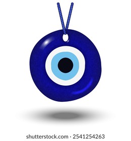 Traditional blue evil eye talisman on the rope realistic vector object, symbol protection and warding off negative energy. A glass nazar amulet perfect for spiritual, cultural, and mystical themes.