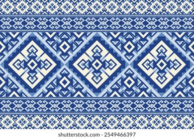 Traditional Blue Geometric Ethnic Pattern Featuring Diamond and Zigzag Motifs in Repetitive Style