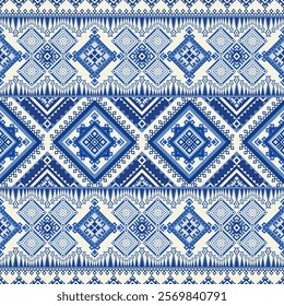 Traditional Blue Geometric Pattern with Diamond Shapes and Intricate Symmetrical Tribal Motif Details