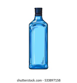 Traditional Blue Gin Glass Bottle, Sketch Style Vector Illustration Isolated On White Background. Realistic Hand Drawing Of An Unlabeled, Unopened Blue Gin Bottle