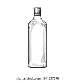 Traditional Blue Gin Glass Bottle, Sketch Style Vector Illustration Isolated On White Background. Realistic Hand Drawing Of An Unlabeled, Unopened Gin Bottle