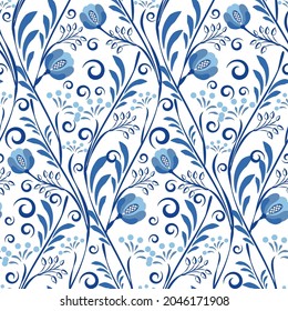 Traditional blue on white seamless pattern with flower roses, curls and leaves. Design in Chinese style. Russian motif decoration. Floral tiled repetitive ornament. Oriental print. Vector illustration