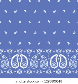 Traditional Blue Paisley Vector Seamless Horizontal Border and Pattern. Whimsical classic background.