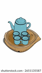 Uma chaleira de chá azul tradicional e algumas xícaras de esmalte em uma placa de madeira
