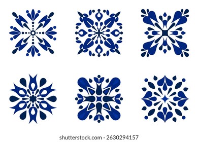 Traditional blue tile pattern vector with symmetrical floral motifs in classic blue tones, geometric, luxury, mediterranean and moroccan elements, perfect for backgrounds, prints and surface designs.
