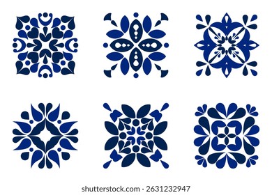 Traditional blue tile pattern vector with symmetrical floral motifs in classic blue tones, geometric, luxury, mediterranean and moroccan elements, perfect for backgrounds, prints and surface designs.
