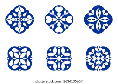 Traditional blue tile pattern vector with symmetrical floral motifs in classic blue tones, geometric, luxury, mediterranean and moroccan elements, perfect for backgrounds, prints and surface designs.