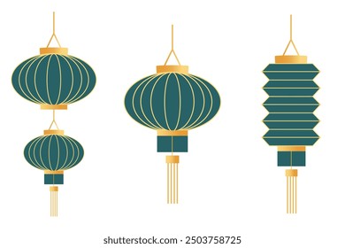 Traditional blue vintage Chinese lantern. Vector asian japanese paper lamps with tassel for New year celebration, oriental festival.