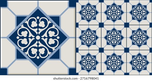 Azulejo tradicional de cerámica azul y blanco inspirado en el estilo azulejo portugués, con geometría floral ornamental. Incluye un patrón de repetición sin fisuras.