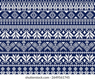 Traditional Blue and White Geometric Textile Pixel Pattern