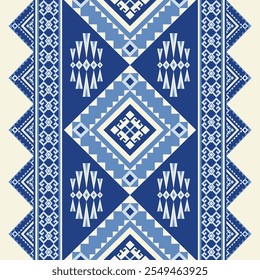 Traditional Blue and White Geometric Tribal Pattern with Intricate Diamond and Line Motifs