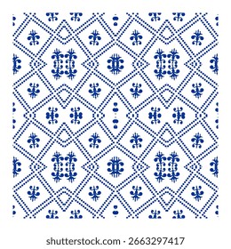 Traditional Blue and White Ikat Pattern, Indonesian Batik Inspired Geometric Design, Ethnic Diamond and Floral Motif Fabric