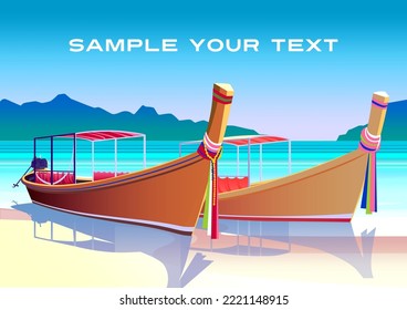 Traditionelles Boot, Strand, Inseln und das Meer im Hintergrund. Phuket Reiseplakat. Handgefertigte Zeichenkette, Vektorgrafik.