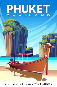 Traditionelles Boot, Strand, Inseln und das Meer im Hintergrund. Phuket Reiseplakat. Handgefertigte Zeichenkette, Vektorgrafik.