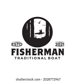 Traditional boat fisherman, lake view and flying seagull vector logo design
