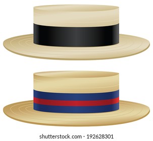 Traditional boater hats with variations in straw and ribbon color. 