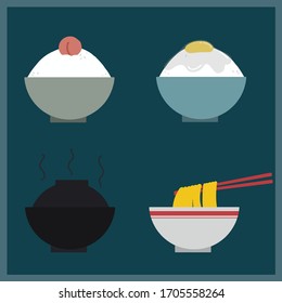 Traditional bowl of Japanese food, Miso soup, Umeboshi (Pickled plum on rice), Tamago gohan (raw egg rice), Ramen. Flat vector illustration