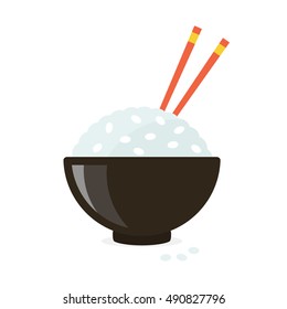 Traditional bowl of rice with chopsticks. flat vector illustration isolated on white background